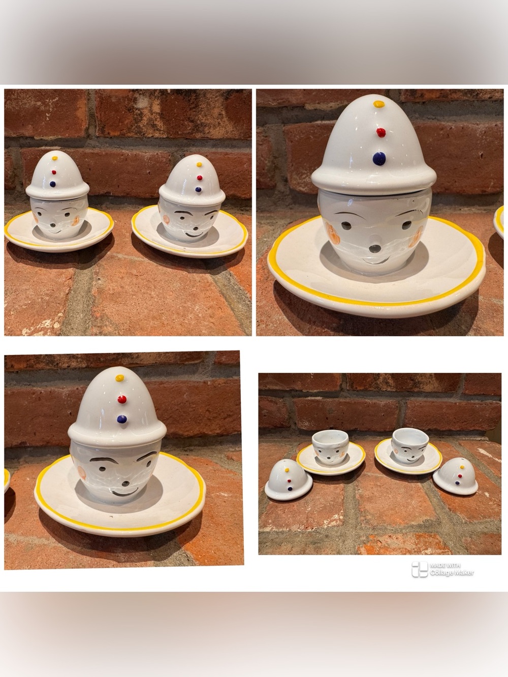 Set of 2  VTG  Ceramic Pierrot Style Clown Face Egg Cups with Salt /Pepper Hats